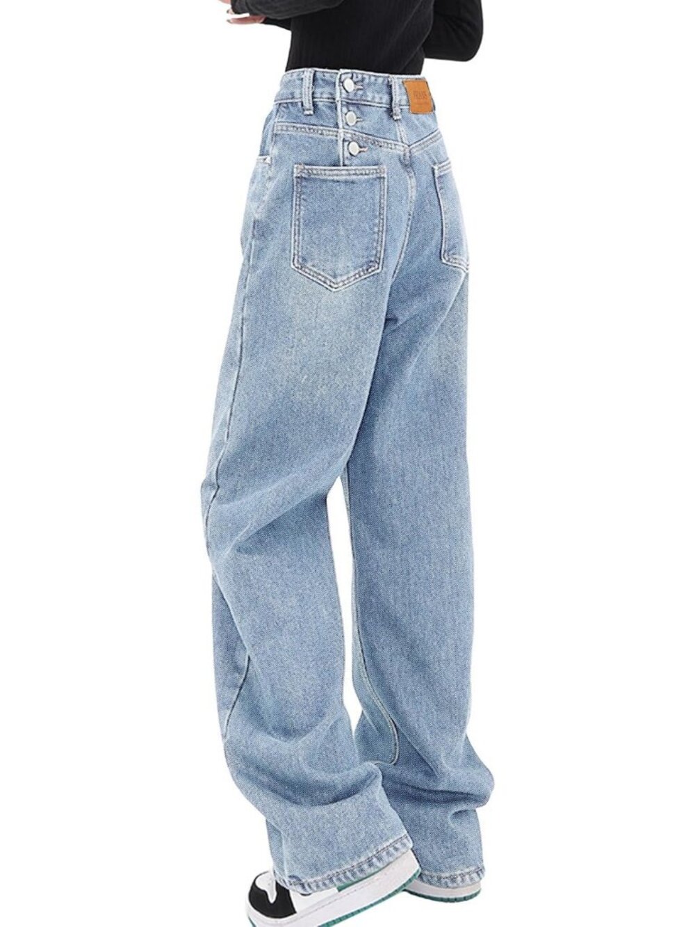 Women's Sky Blue Denim Y2k Straight Leg Button Zipper High Waisted Baggy Jeans